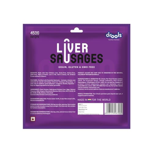 Image of Drools Adult & Puppy Sausage for Dog, 450g | Liver Flavour | High Protein | Treat & Food Topper | Grain Free | Best for Training & Bonding | No Preservatives