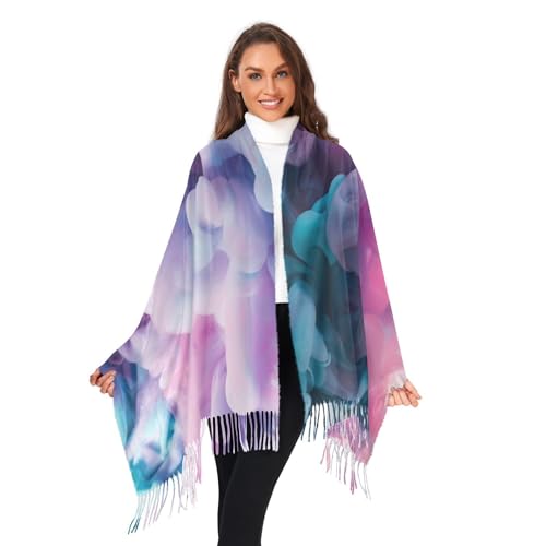 VIGTRO Women Shawl Pashmina Wraps for Evening Dress Teal Pink Smoke Print, Abstract Art Soft Winter Warm Scarf with Tassels