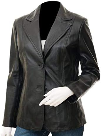 Lambskin Leather Blazer for Women Black Leather Blazer Jacket (Medium - for Chest 40-42, Lambskin Leather)