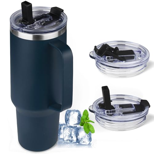 Image of 40 oz Tumbler with Handle and Flip Straw, 100% Leakproof Insulated Tumbler with Lid and Straw, Stainless Steel Insulated Travel Coffee Mug, Insulated Coffee Thermal Cup for Cold and Hot (Deep Blue)