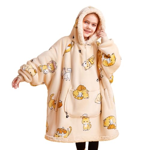 Image of Giggling Getup Wearable Blanket Hoodie for Girls and Boys Warm Cozy Sherpa Fleece Hooded Blanket Sweatshirt Oversized Hoodie with Giant Pocket & Sleeves for Kids Cat
