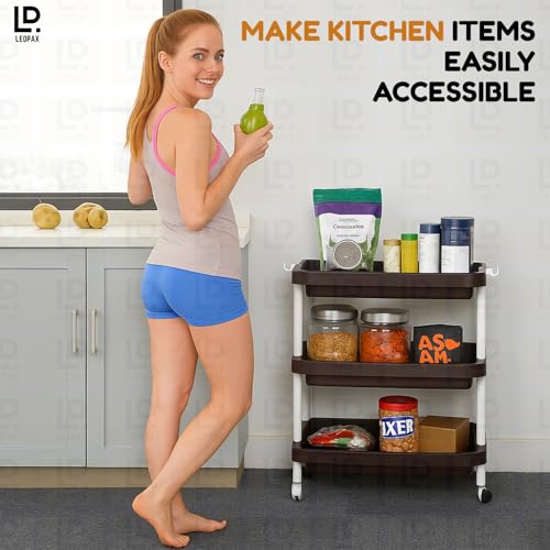 Image of LEOPAX 3 Layers Plastic Rolling Storage Rack | Multipurpose Stackable Storage Rack with Wheels for Kitchen Laundry Room Bathroom Office Home - Brown (50 x 30 x 54cm)