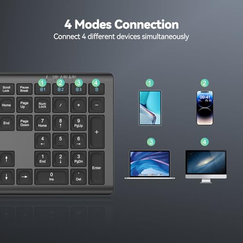 Image of TECKNET Bluetooth Keyboard Rechargeable 4-Device (2.4G+BT) | Multi-device Free Switching, Ultra-Slim, Numeric Keypad, Quiet Full Size Wireless Keyboard for PC /Laptop /Smart TV /Phone