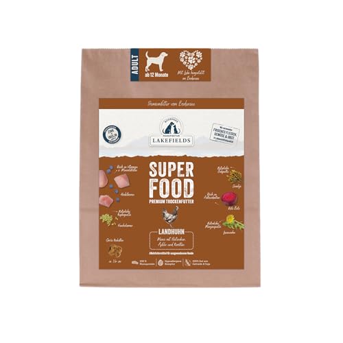 Lakefields SUPERFOOD | Premium Hundefutter trocken | 61% Huhn | 1kg | Getreidefreies Trockenfutter für ausgewachsene Hunde | Mit Fenchelsamen, Heidelbeeren & Seealge | Von Tierärzten entwickelt