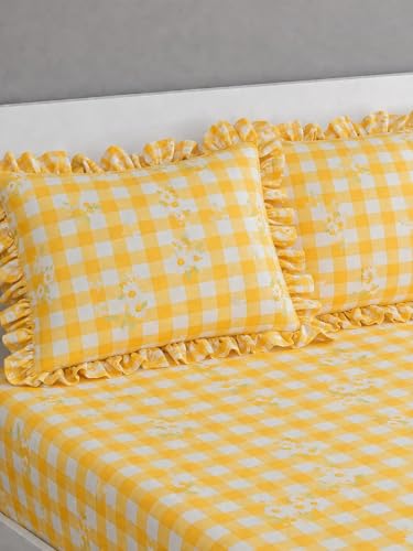 Image of 380 TC Premium Glace Cotton Elastic Fitted Bedsheet King Size with 2 Pillow Covers King Size | Double Bed with All Around Elastic (Yellow Check, Fitted - Double72x72)
