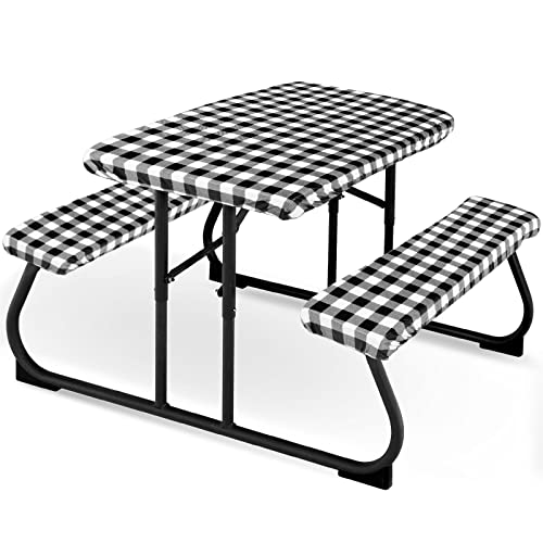 3 Pieces Picnic Table Cover For Kids With Bench Covers Fitted Tablecloth Cover For Outdoors Vinyl Waterproof Tablecloth For Camping Home Goods Indoor Outdoor Patio Bbq, Black White Checkered #TOP29