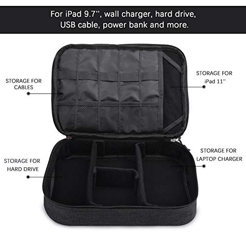 Electronics Organizer, Jelly Comb Electronic Accessories Cable Organizer Bag Double Layer Travel Cable Storage Bag for Cables, Laptop Charger, Tablet (Up to 11'') and More-Thick Large(All Black)