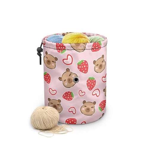 Image of Sellikakes Capybara Strawberry Yarn Bag Crochet Knitting Bag, Knitting Yarn Holder Crochet Storage Bag Store Crocheting Project Sewing Supplies Skein Ball Knitting Short Needles