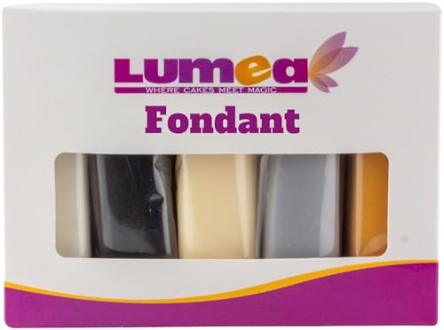 Dekozauber24 Fondant icing multipack, 5 colors, 3.5oz (100g) rolled fondant per color, for cakes, cupcakes and figurines in white, black, cream, silver and golden caramel (Basics)