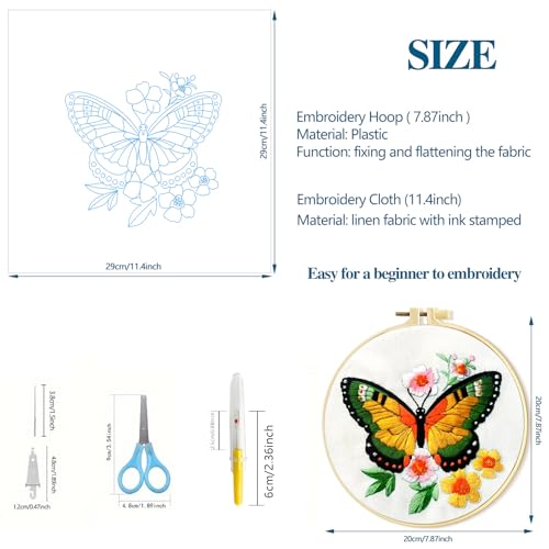 Image of Zhenqing Butterfly Embroidery Kit 11.4x11.4 Inch - Complete Embroidery Set with Fabric, Threads, Needles & Hoop - Beginner-Friendly DIY Craft Kit for Adults (C0040)