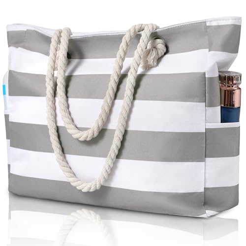 Clothirily Beach Bag for Women - Large Beach Tote Bag, Waterproof Sandproof Beach Bag with Zipper, Large Swim Pool Beach Tote, Gray