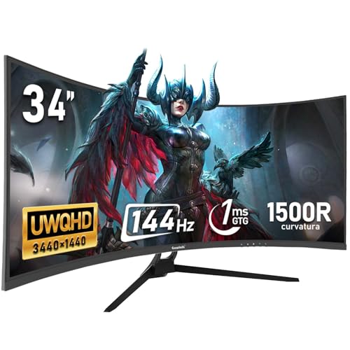 Gawfolk Ultrawide Monitor 34 Zoll 1500R gebogen 144Hz Monitor für Gaming-Computer, 21:9 UWQHD (3440 x 1440), Adaptive Sync, Betrachtungswinkel 178°, HDMI, Display Port, VESA75×75MM - Schwarz
