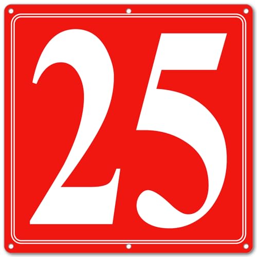 Image of Premium Aluminum Number Signs 25, Metal 12 inch X 12 inch Red Numbered Signs Outdoor for Parking Lots, Floor, Dock, Court, Aisle, Field, High Visibility, No Fade, Weather-resistant