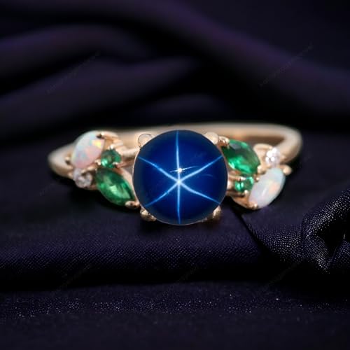 Generic Star Sapphire Ring 6 Ray Blue Gemstone Ring 14K Yellow Gold Ring Emerald Engagement Ring Fire Opal Wedding Jewelry Holiday Gift Ring BY KANISHKA GEMS JEWELS2