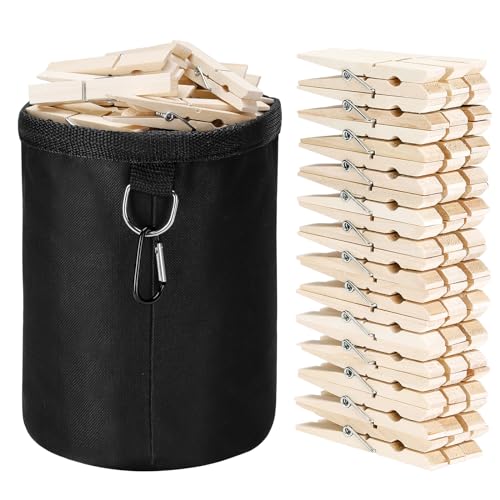Soleebee Clothes Peg Bag with Hanging Hooks, Waterproof Clothes Peg Bag Made of Robust Oxford Fabric with Drawstring Closure for Indoor Outdoor Pegs Organiser (Black, L + 40 Clips)