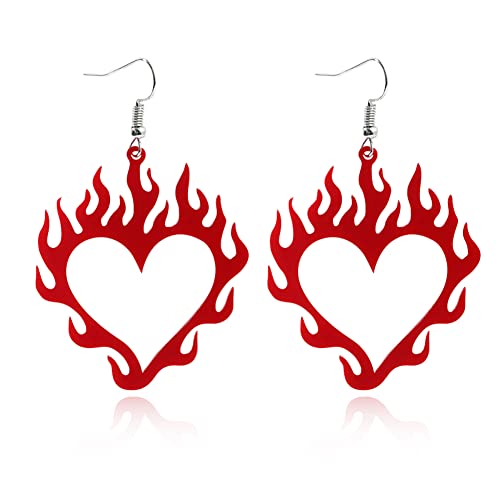 ANXIN Punk Retro Acrylic Hollow Heart Flame Pendant Earrings Unique Exaggerated Personality Hip Hop Style Red Flame Heart Earrings Women's Friends Jewelry Gifts