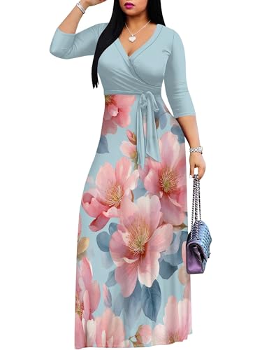 Image of PinkPatty Plus Size Maxi Dress for Women Casual V Neck 3 /4 Sleeve Boho Printed Long Dress with Pockets