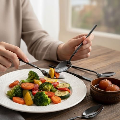 Image of 30 Pcs Black Cutlery Set for Dining Table the Perfect Lightweight Silim Handle Tableware Including Dinner Spoon, Dinner Fork, Dinner Knife, Dessert Spoon & Dessert Fork