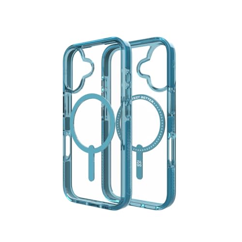 Image of ZAGG Santa Cruz Snap Case for iPhone 16 Pro Max - MagSafe Compatible, 13ft Military-Grade Drop Protection, Graphene Reinforced, Lightweight, 70% Recycled Content, Clear with Color Accents, Retro Blue