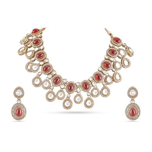 Image of Rubans Necklace Maangtikka Set Gold Plated Kundan & Pearl Jewellery Gift for Women & Girls