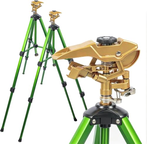 LIULO TOOL 2 Pack Large Impact Sprinkler on Tripod Base Heavy Duty Zinc Alloy Sprinkler for Yard with Adjustable Head and Extendable Tripod 360 Full Coverage Irrigation Tool for Lawn Garden