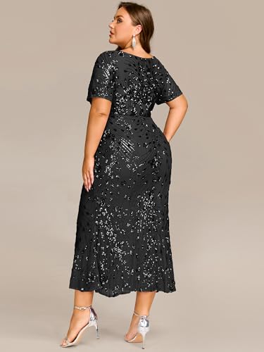 Ever-Pretty Plus Women's Round Neck Short Sleeves Bodycon Stretchy Gorgeous Sequin Maxi Evening Gown Plus Size Formal Dresses2