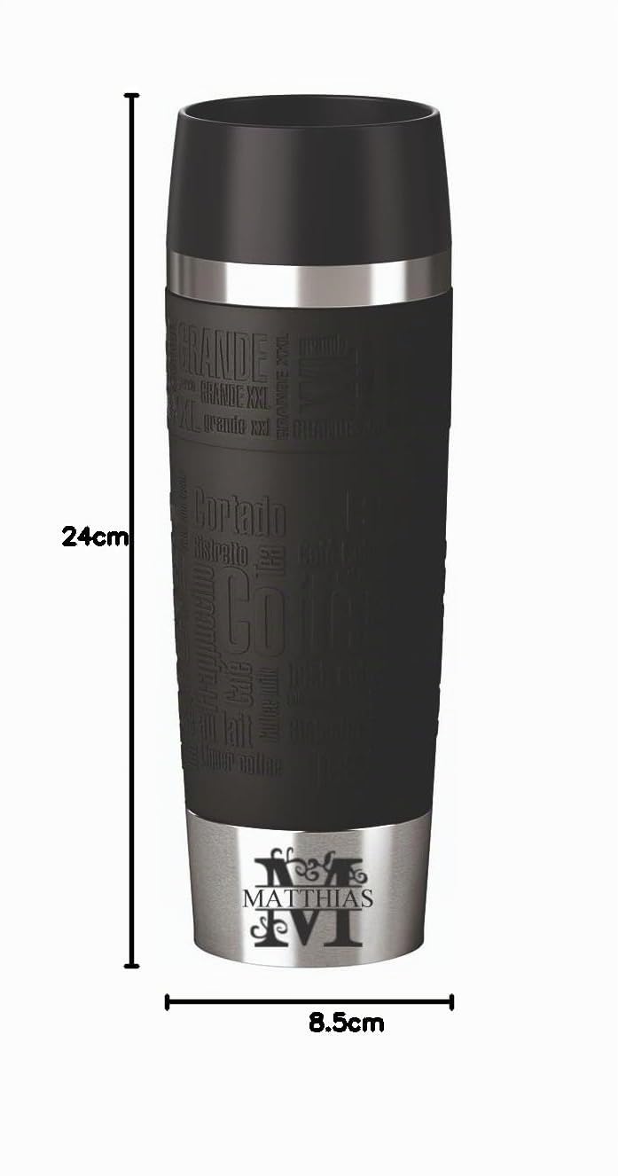 Emsa Isolierbecher 500ml mit Gravur Monogramm/Buchstabe (+ Name) Travel Mug Grande XXL Manschette schwarz personalisierter Kaffeebecher Teebecher, Motiv MO1