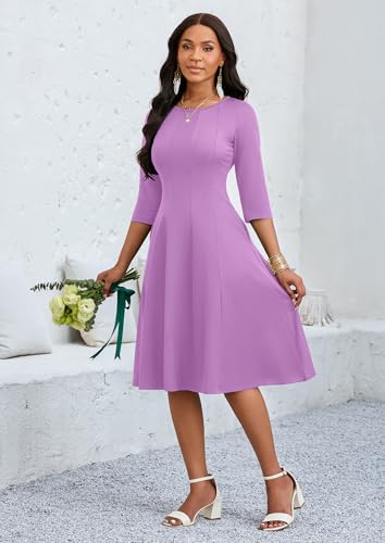 Image of CLOCOR Casual Midi Dresses for Women A-Line Fit and Flare Elegant Church 3 /4 Sleeve Crew Neck Dress with Pocket