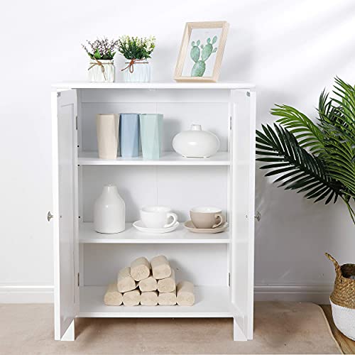 Zeny Bathroom Floor Storage Cabinet With Double Door + Adjustable Shelf, Wooden Organizer Cabinet For Living Room, Bathroom, Bedroom, Modern Home Furniture, White #TOP3