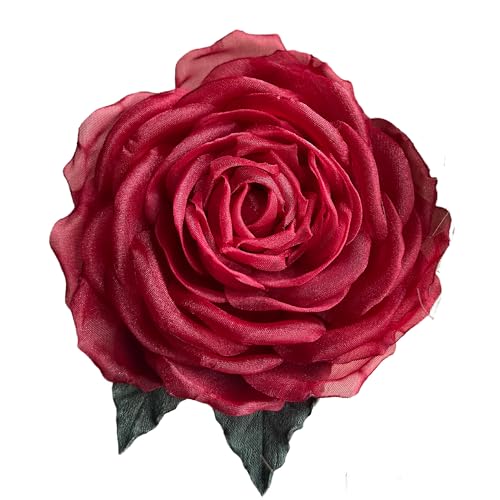 Image of Camellia Bees Handmade Deep Red Silk Rose Brooch 3.5 inch - Maroon Organza Flower Corsage Pin gift for Women, 12th Silk Anniversary Keepsake for Her (Deep Red)