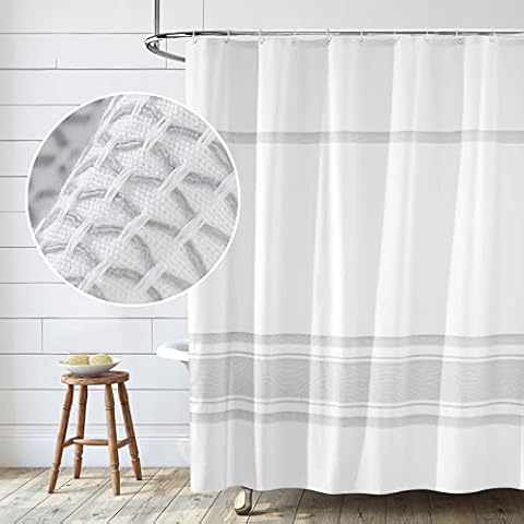 Seasonwood Shower Curtain White Gray Woven Striped 72 x 72Inches,Farmhouse Shabby Chic Striped Minimalist Bathroom Decor Cover