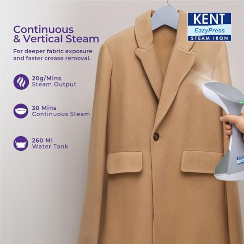 Image of KENT Swift Handheld Garment Steamer 1300 Watts | Ideal for Fabrics like Sarees, Suits, Jackets etc |Ceramic Coated Steam Plate |Continuous Steam Up To 30 Minutes |20 G /Min Steam |260ml Detachable Tank