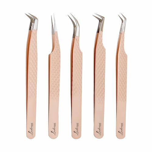 LASHORAA Professional 5pc Lash Extension Tweezers Pack - Fiber Tip Diamond Grip Japanese Steel Precision Angled Tips - Perfect for Volume & Mega Volume Lashes with Leather Pouch (Peach)