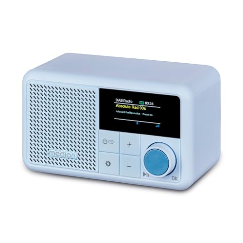 MEDION S66822 Tragbares Mini DAB+ Radio mit Bluetooth (Akku mit bis zu 6,5 Stunden, klein, dimmbares Farbdisplay, Teleskopantenne, Sleeptimer, Wecker, Snooze, AUX, USB-C) blau