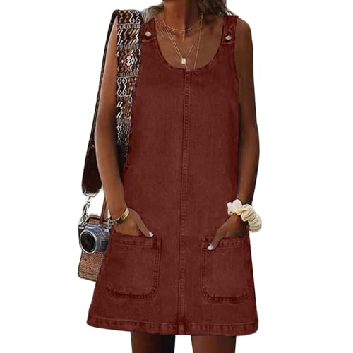 Image of Xaspee Denim Overall Dress for Women Casual Mini Sleeveless Jean Vintage Jumper Skirt Dress with Pockets