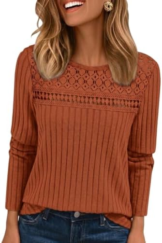 Chicrise Pullover Damen Spitzen Rundhals Strick Gerippte Basic Langarmshirt