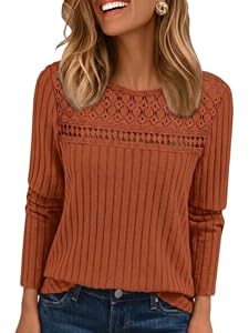 Chicrise Pullover Damen Spitzen Rundhals Langarmshirt Strickstreifen Basic Oberteile Elegant Gerippte Karamell Groß 42-44 L