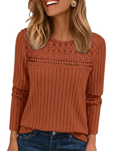 Chicrise Pullover Damen Spitzen Rundhals Langarmshirt Strickstreifen Basic Oberteile Elegant Gerippte Karamell Groß 42-44 L