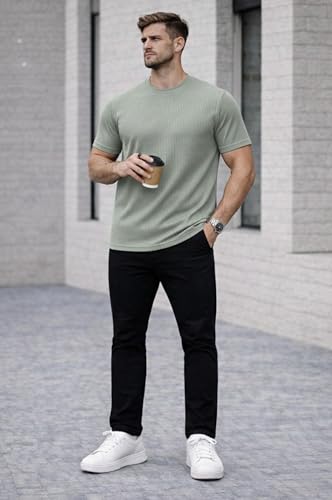 Image of Mack Jonney Men's Striped Ribbed Black Half Sleeve T-Shirt | Premium Soft Stretch Fabric | Casual Wear Round Neck Tee-M6358