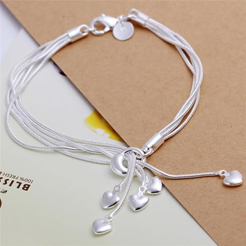 925 Sterling Silver Five-Line Chain & Heart Charm Bracelet Set – Elegant Stackable Bangle3