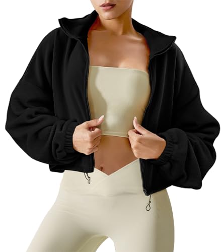 JZC Women's Zip Fleece Short Jacket Warm Winter Long Sleeve Sweatshirt Sherpa Crop Coat Black Medium