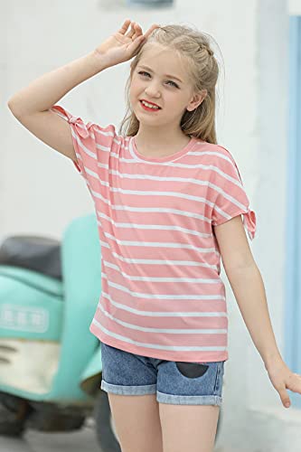 Image of GORLYA Girls Slit Sleeve Tie Knot Cuff Knit Tunic Top 4-14Y | Seamless knit, cold shoulder slit sleeves with tie-knot cuffs, solid & stripe options, ideal for school and casual outings.