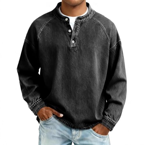 Denim Shirt Men Washed Button Down Henley Polo Jean Shirt Denim Top - image 1