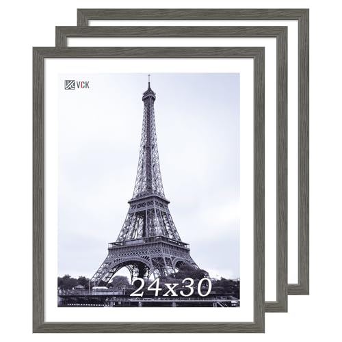 Image of VCK 24x30 Poster Frame Solid Wood Gray Grey 3 Pack Picture Frames 24 x 30 Inches with Wall Mounting Hanging