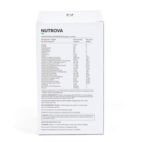 Image of Nutrova Multivitamin For Women - Daily Multivitamins with bioavailable Iron bisglycinate, CoQ10 and Lycopene - Optimized for Indian Diets - 60 Tablets.
