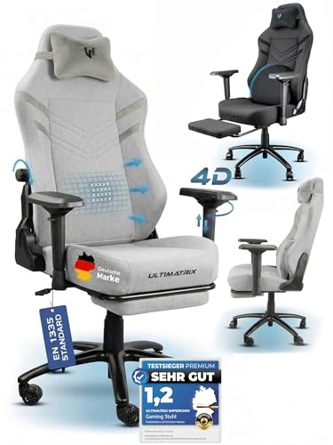 Ultimatrix FURY Gaming Stuhl Ergonomisch [TESTSIEGER] Integrierte Lordosenstütze, 4D-Armlehnen, Atmungsaktiver Stoff, Fußstütze, Gamingstuhl Kaltschaum, Gaming Chair 150kg, Schreibtischstuhl (Grau)