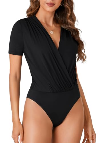 OPOIPIN Women's Wrap V Neck Ruched Short Sleeve Bodysuit Leotard Top4