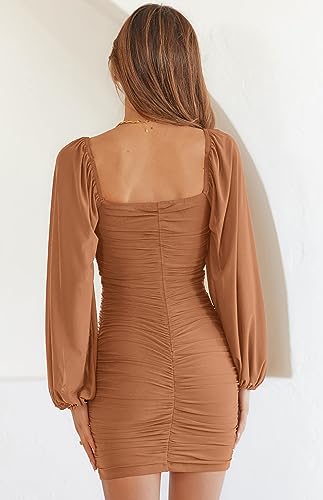 Image of MASCOMODA Women Elegant Square Neck Lantern Long Sleeve Mini Ruched Bodycon Dress Stretch Mesh Slim Party Cocktail Dresses