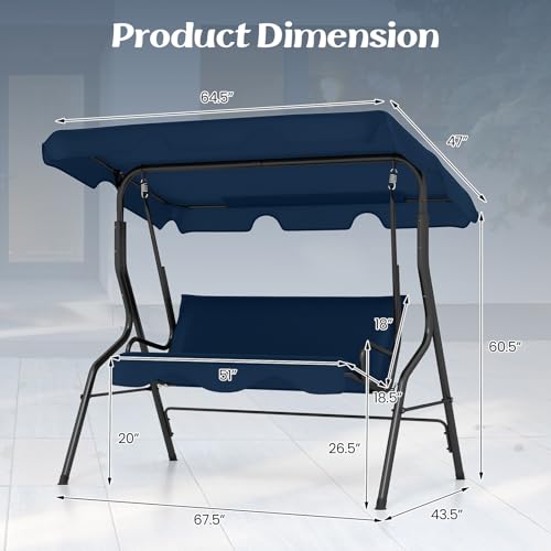 Image of Tangkula 3 Person Porch Swing, Patio with Removable Cushion & Powder-Coated Steel Frame, Outdoor Swing with Canopy for Porch, Backyard, Garden, Balcony(Navy)