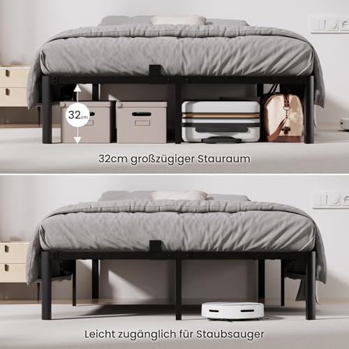 KUTAS Bett, Bettgestell 140 x 190 cm, Höhe 36 cm, mit Stauraum unter dem Bett, 14 Reihen Metalllamellen, Einfach zu Montieren, Geräuschlos, Kein Boxspringbett erforderlich, Modern, Schwarz – Bild 6